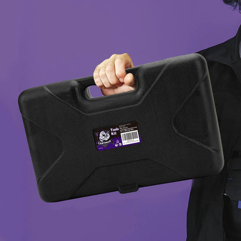 Person holding black toolbox for 152 Piece Basic Household Hand Tool Set With Toolbox Storage Case All Purpose Home Tool Kit Includes Essential Tools For Office And College Repairs Purple.