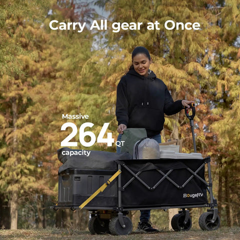 Woman using Beast Of A Utility Wagon With 133Wh Battery Up To 440 Lbs Load, Collapsible Garden Cart With Foldable Frame And Expandable Tailgate