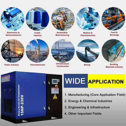 New 15HP Rotary Screw Air Compressor Pump With Heavy Duty Design For Continuous Use. Generates 56 CFM At 125 PSI On 230V 3-Phase 60Hz Power. Ultra Quiet Low Noise Operation Ideal For Industrial Factory Workshops And Production Lines Running 24/7 Without