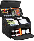 Dual Layer Golf Trunk Organizer With Ventilated Shoe Compartment For Two Pairs Of Shoes, open with gear and shoes visible