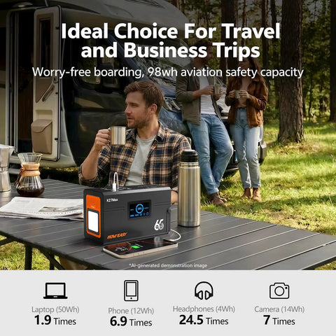 Slick Portable Power Station Delivering 135W Steady And 270W Peak Surge, shown with users enjoying a coffee outdoors.