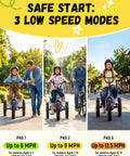 Kid Friendly 3 Wheel Electric Trike With Fat 16x3.0 Tires Folding Frame 378Wh Battery 500W Peak Motor Step Thru Design Safe 12.5 MPH For Beginners Ages 6 Plus Purple, three speed modes chart