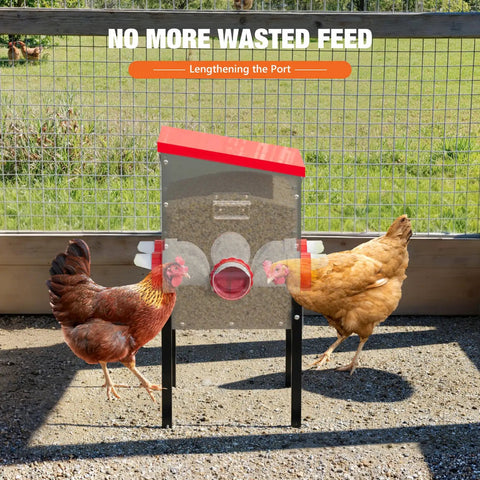 Top Shelf Metal Chicken Feeder With 30 Pound Capacity And Six Accessible Ports cuts waste, featuring adjustable legs and accessible feeding ports.
