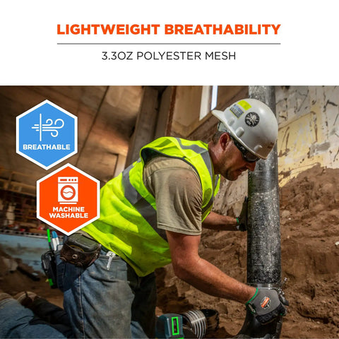 Unisex Adult Hella Visible Class 2 Safety Vest Crafted From Comfy Breathable Mesh Fabric With Zero Fuss Hook And Loop Closure Lime Green worn by worker at job site.