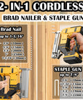 Real Deal Hella Reliable Cordless 18 Gauge Brad Nailer And Staple Gun Combo With Brushless Motor showing size specs for brad nails and staples.
