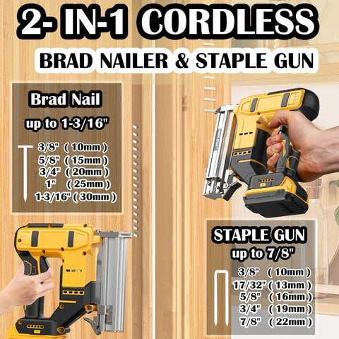Real Deal Hella Reliable Cordless 18 Gauge Brad Nailer And Staple Gun Combo With Brushless Motor showing size specs for brad nails and staples.