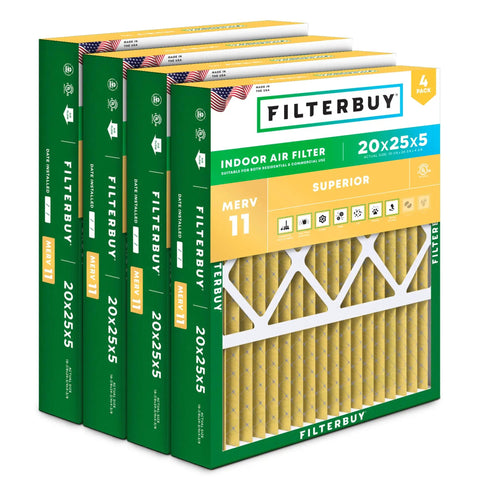 MERV 11 Pleated Air Filter 20x25x5 For Pets And Allergies 4 Pack Fits Honeywell FC100A1037 Lennox X6673 And More Box Front View