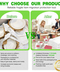 Comparison image of broken dishes versus family packing with Heavy Duty Dish Packing Set For Moving Includes 25 Foam Pouches 12x14 Inch Thick One Side 1.5mm And Both Sides 3.0mm 75 Fragile Stickers And A Marker Pen To Shield Dishes And Glassware During Packing Storage For A Smooth Move.