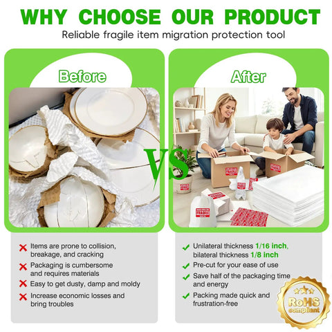 Comparison image of broken dishes versus family packing with Heavy Duty Dish Packing Set For Moving Includes 25 Foam Pouches 12x14 Inch Thick One Side 1.5mm And Both Sides 3.0mm 75 Fragile Stickers And A Marker Pen To Shield Dishes And Glassware During Packing Storage For A Smooth Move.