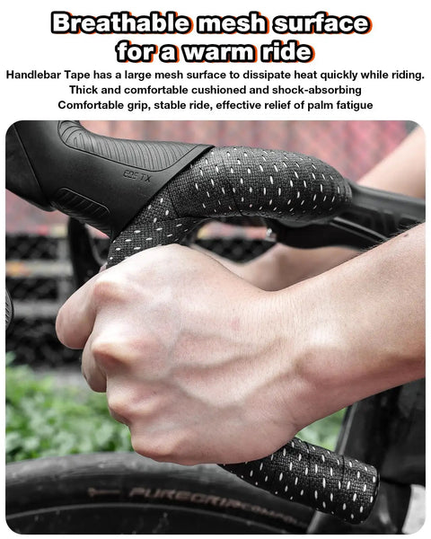 Cyclist gripping road bike handlebar with Road Bike Handlebar Tape With Silicone Surface For A Sticky Sweatproof Grippy Feel