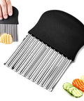 Segaixlj stainless steel crinkle cutter with black non-slip handle, close-up view of large wavy blade