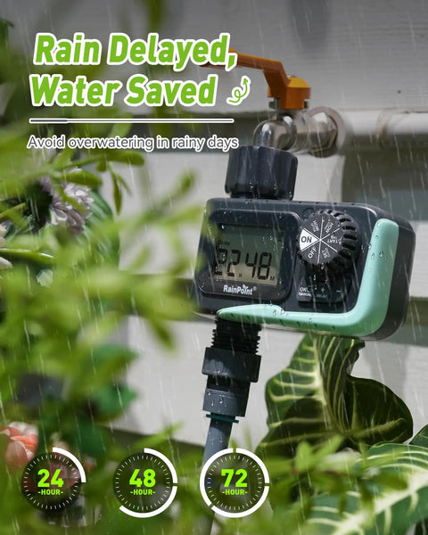 Outdoor Sprinkler Timer for Garden Hose with Large LCD Screen mounted on a faucet, displaying rain delay options, surrounded by plants.