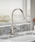 Works Like A Charm High Arch Kitchen Sink Faucet With Pull Down Sprayer And Three Spray Modes Brushed Stainless Steel Build in a modern kitchen setting.