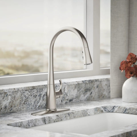 Works Like A Charm High Arch Kitchen Sink Faucet With Pull Down Sprayer And Three Spray Modes Brushed Stainless Steel Build in a modern kitchen setting.