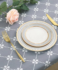 Rectangular Vinyl Table Cloth With Elastic Fitted Edges And Flannel Backing, Waterproof And Stain Resistant Cover That Stays Put On 6 Foot Folding Tables For Picnics Camping Indoor Or Outdoor Use Gray 30 By 72 Inches with elegant tableware and roses