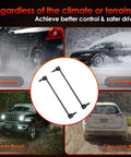 Front Sway Bar Links 2 Pack For 2007-2017 Chevy Traverse And GMC Acadia, Tough As Nails Suspension Stabilizers To Stop Clunking, Leans, And Uneven Tire Wear, Restore Smooth Turn Handling And Ride Comfort. Two black steel sway bar links shown with SUV use in water, snow, mud, and mountain driving.