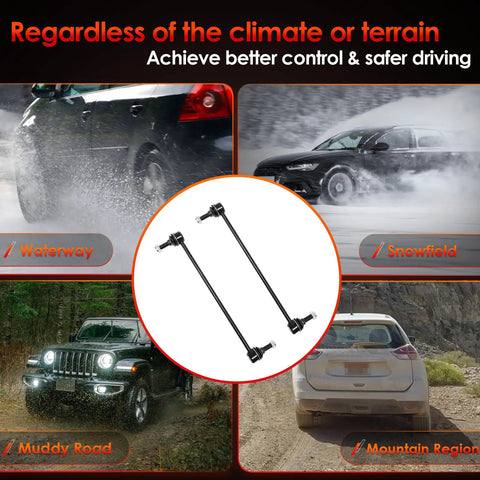 Front Sway Bar Links 2 Pack For 2007-2017 Chevy Traverse And GMC Acadia, Tough As Nails Suspension Stabilizers To Stop Clunking, Leans, And Uneven Tire Wear, Restore Smooth Turn Handling And Ride Comfort. Two black steel sway bar links shown with SUV use in water, snow, mud, and mountain driving.