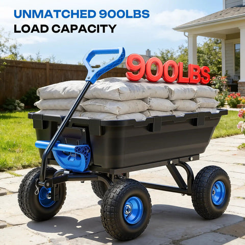 900 Pound Capacity Garden Dump Cart With 10 Inch Non Slip Pneumatic Tires loaded with bags, on a sunny patio