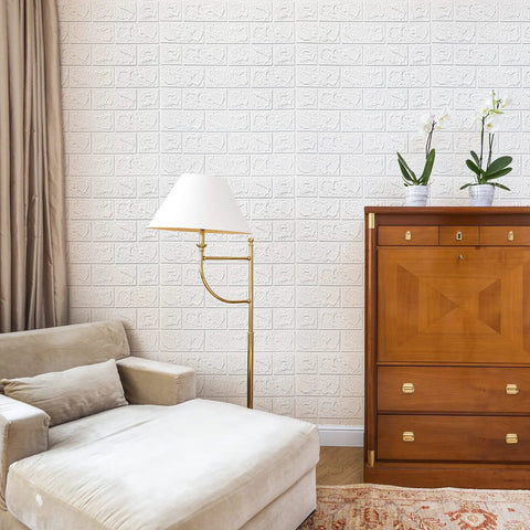 Cozy living room with White 3D Faux Brick Wallpaper Peel And Stick Panels For Easy DIY Home Makeover Waterproof Foam Brick Wall Decor