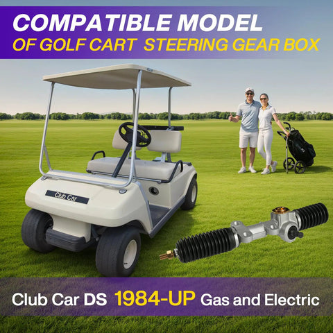 DS Steering Gear Box Assembly For Golf Cart Fits Carryall Turf 1984 Up Gas Electric Models Replacement displayed with golf cart