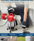 Heavy Duty 500W Electric Pipe Auger Drain Cleaner With Auto Feed Setup and Dual Coils in use for clearing clogged residential drains.