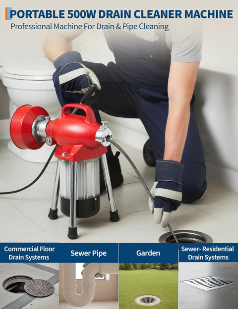 Heavy Duty 500W Electric Pipe Auger Drain Cleaner With Auto Feed Setup and Dual Coils in use for clearing clogged residential drains.