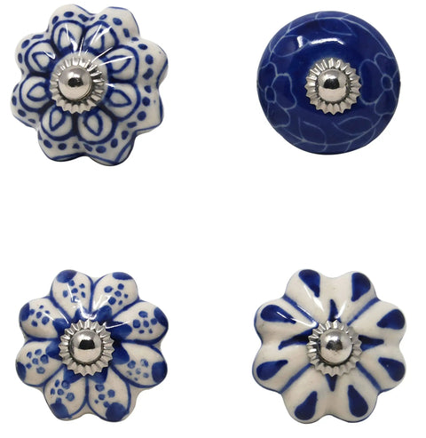 Colorful Blue Ceramic Cabinet Knobs Set Of 25 For Kitchen Cabinets, Bathrooms, Dressers, Cupboards And Drawers, Handmade Pottery Decorative Hardware To Elevate Your Furniture Game And Give It A Fresh Look, featuring four varied floral designs with blue and white glaze. Each knob is handcrafted pottery, adding elegance to any furniture.