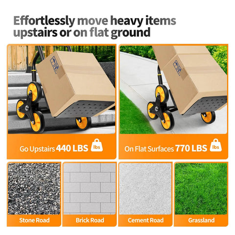 Beefed Up Stair Climber Hand Truck With 770 Lb Capacity Foldable Stair Dolly on stairs and flat surface with 6 wheels