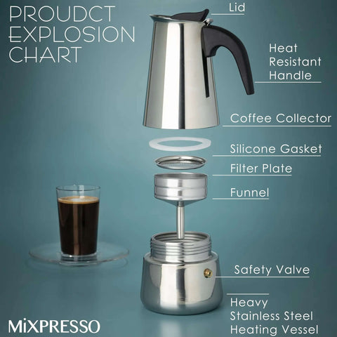 Exploded view of Stovetop Espresso Maker 9 Cup Moka Pot in Stainless Steel 450ml 15oz, showing parts and espresso cup.