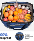 Collapsible Soft Cooler Bag With 75 Can Capacity For Beach And Road Trips Flip Top Lid Leakproof Ice Chest Lightweight Portable Cooler On The Go With 5 Layer Insulation And 12 Hour Cold Retention Great For Camping Groceries In Blue filled with fruits and cans with water being poured in