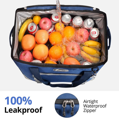 Collapsible Soft Cooler Bag With 75 Can Capacity For Beach And Road Trips Flip Top Lid Leakproof Ice Chest Lightweight Portable Cooler On The Go With 5 Layer Insulation And 12 Hour Cold Retention Great For Camping Groceries In Blue filled with fruits and cans with water being poured in