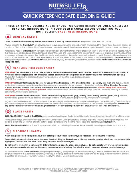 NutriBullet Rx blender safety guide with general, heat, blade, and electrical safety tips for safe appliance use.
