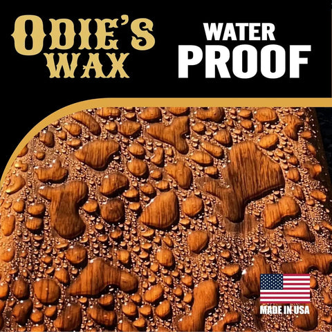 Wood surface with water droplets highlighting the effect of Super Hard Wood Wax For Ultra Durable Finish And Extra Lustrous Sheen That Builds On Super Duper Oil And Wood Butter Great For Lighter Woods Clear Wax Finish 9 Ounce Glass Jar.
