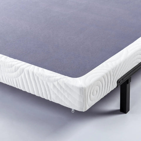 Full Size Metal Box Spring With 4 Inch Mattress Foundation Backed By Heavy Duty Steel Core And Tightly Aligned Wood Slats For Ride Or Die Bed Base And No Sweat Setup close-up of mattress on metal frame.