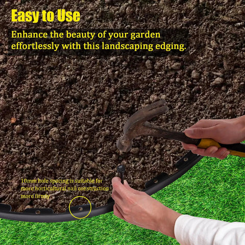 Hands installing 2 Inch Tall Landscape Edging Kit For 100 Ft Of Lawn And Garden Border With 5 Connectors And 60 Anchoring Spikes
