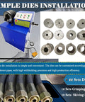 Heavy Duty Electric Hydraulic Hose Crimping Machine Featuring Twelve Crimping And Ten Skiving Dies For High Pressure Tubing One Quarter To Three Inch Sizes 220 Volt Three Phase showing installation overview with dies.