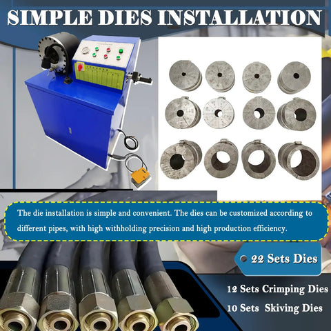 Heavy Duty Electric Hydraulic Hose Crimping Machine Featuring Twelve Crimping And Ten Skiving Dies For High Pressure Tubing One Quarter To Three Inch Sizes 220 Volt Three Phase showing installation overview with dies.