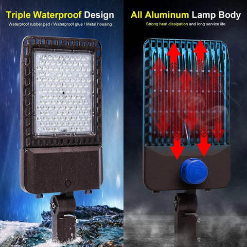 Front and back view of Beefy 36000 Lumen Outdoor Parking Lot Flood Light With Slip Fitter Mount 5000K Daylight LED Shoebox Style