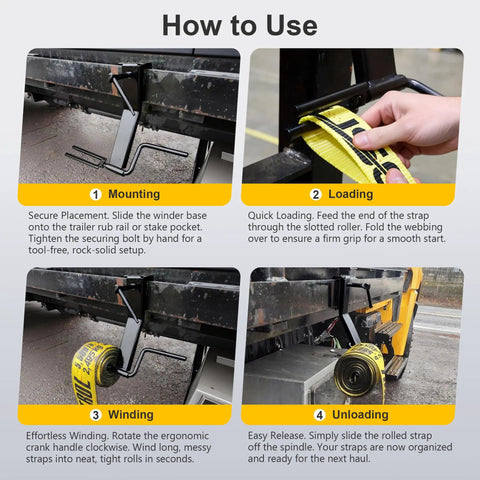 How to Use Heavy Duty Steel Cargo Strap Winder For Flatbed Trailers Portable Tie Down Roller With Industrial Powder Coat Fits Four Inch Winch Straps Corrosion Resistant Hand Winder Tool For Trucks And Warehouses mounted on trailer with strap loading and winding