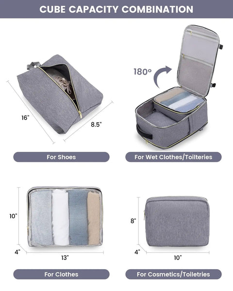 Cube capacity combination for 40L Travel Backpack For Women With 3 Packing Cubes Waterproof Carry On Bag TSA Approved For Airplanes Fits 17 Inch Laptop Large Capacity Day Trip Backpack For Weekend Getaways And Business Trips.