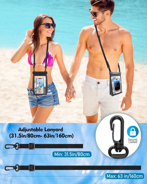 Couple on beach with Beefy Capacity Floating Waterproof Phone Pouch For iPhone 17, 16, 13, 12, 11 Pro Max And Galaxy S22 S21 Dry Bag