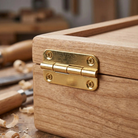 Close-up of the 12 Piece Small Antique Iron Cabinet Hinges Set for Wooden Jewelry Boxes with Gold Finish Corner Hardware