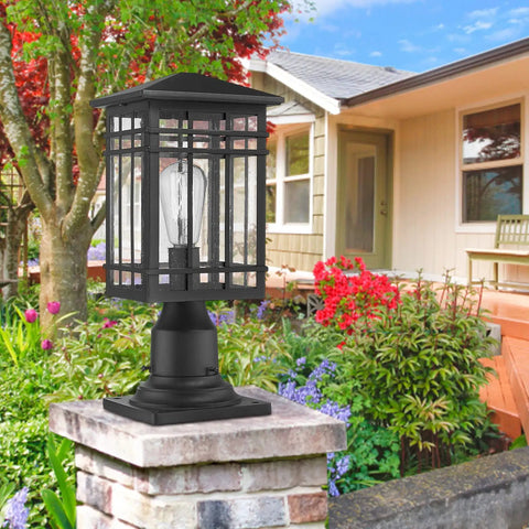 Outdoor Post Light Fixture With Seeded Glass In Black Finish Exterior Pillar Lantern For Patio Pathway And Driveway Lighting