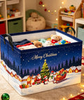 Heavy-Duty Rectangular Christmas Basket With Waterproof Polyester Canvas Storage Bin filled with clothes and toys, festive design.