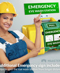 8 Gallon Portable Eye Wash Station With Wall Mount OSHA Compliant Emergency Eyewash With Mirror And Dual Spray Nozzles Quick Rinse For Lab Shop Site Your Go To First Aid Eye Care with a woman pointing at it.