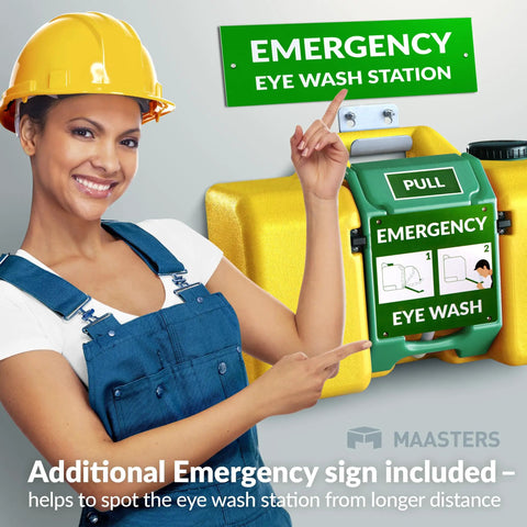 8 Gallon Portable Eye Wash Station With Wall Mount OSHA Compliant Emergency Eyewash With Mirror And Dual Spray Nozzles Quick Rinse For Lab Shop Site Your Go To First Aid Eye Care with a woman pointing at it.