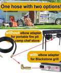 12Ft Propane Quick Connect Hose For RV To Grill With Low Pressure Elbow Adapter And Extension displayed next to RV and grills