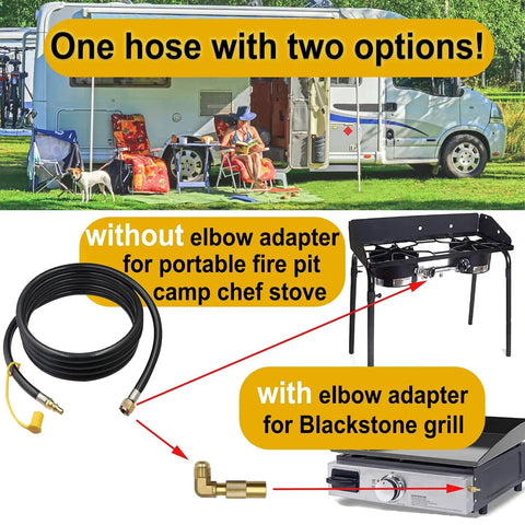 12Ft Propane Quick Connect Hose For RV To Grill With Low Pressure Elbow Adapter And Extension displayed next to RV and grills