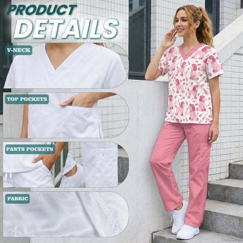 Hot Pink Scrubs Tops And Pants Set For Women Perfect For Nurses Veterinary Techs Dental Hygienists And Pet Groomers With Handy Pockets