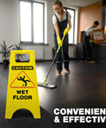 Bright Caution Wet Floor Sign 24 Inch Folding A Frame Double Sided 4 Pack Portable Safety Sign For Busy Walkways High Visibility Yellow Indoor Use Ideal For Commercial Kitchens Hospitals Warehouses And Schools yellow wet floor sign in a kitchen